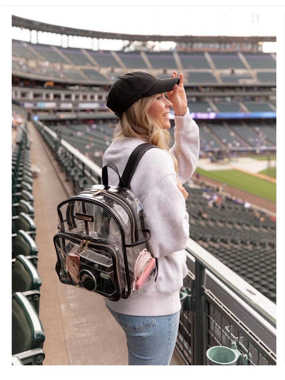 Poppy & Peonies Clear Stadium Backpack with Black Trim and Gold Hardware **NWT**